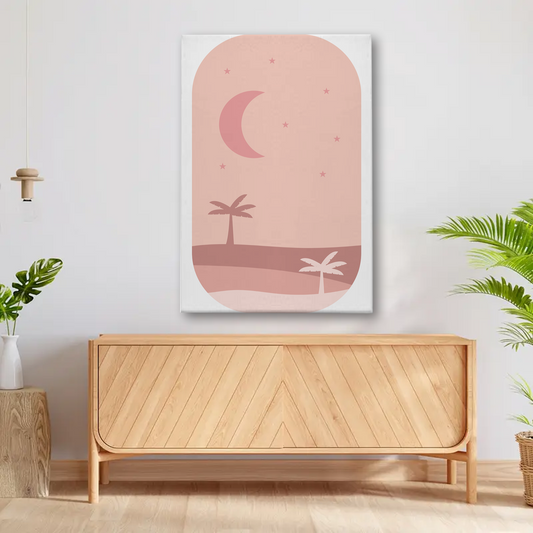 Minimalist Moon & Palm Trees Wall Art – Soft Pink Canvas Print