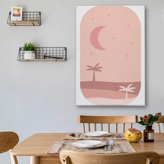 Minimalist Moon & Palm Trees Wall Art – Soft Pink Canvas Print