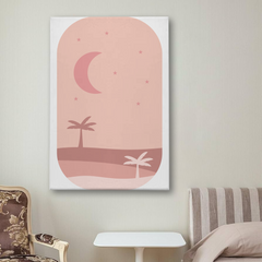 Minimalist Moon & Palm Trees Wall Art – Soft Pink Canvas Print