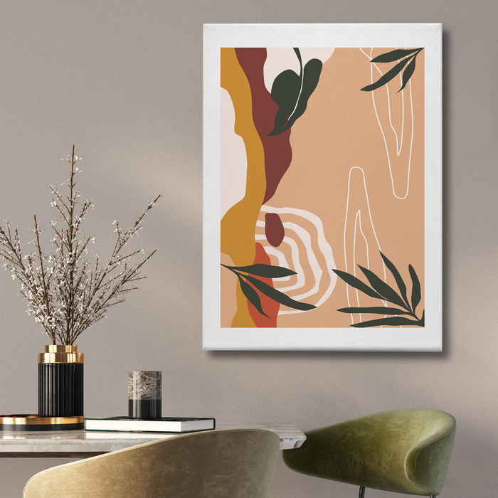 Abstract Boho Canvas Wall Art – Earthy Tones with Minimal Line & Leaf Accents