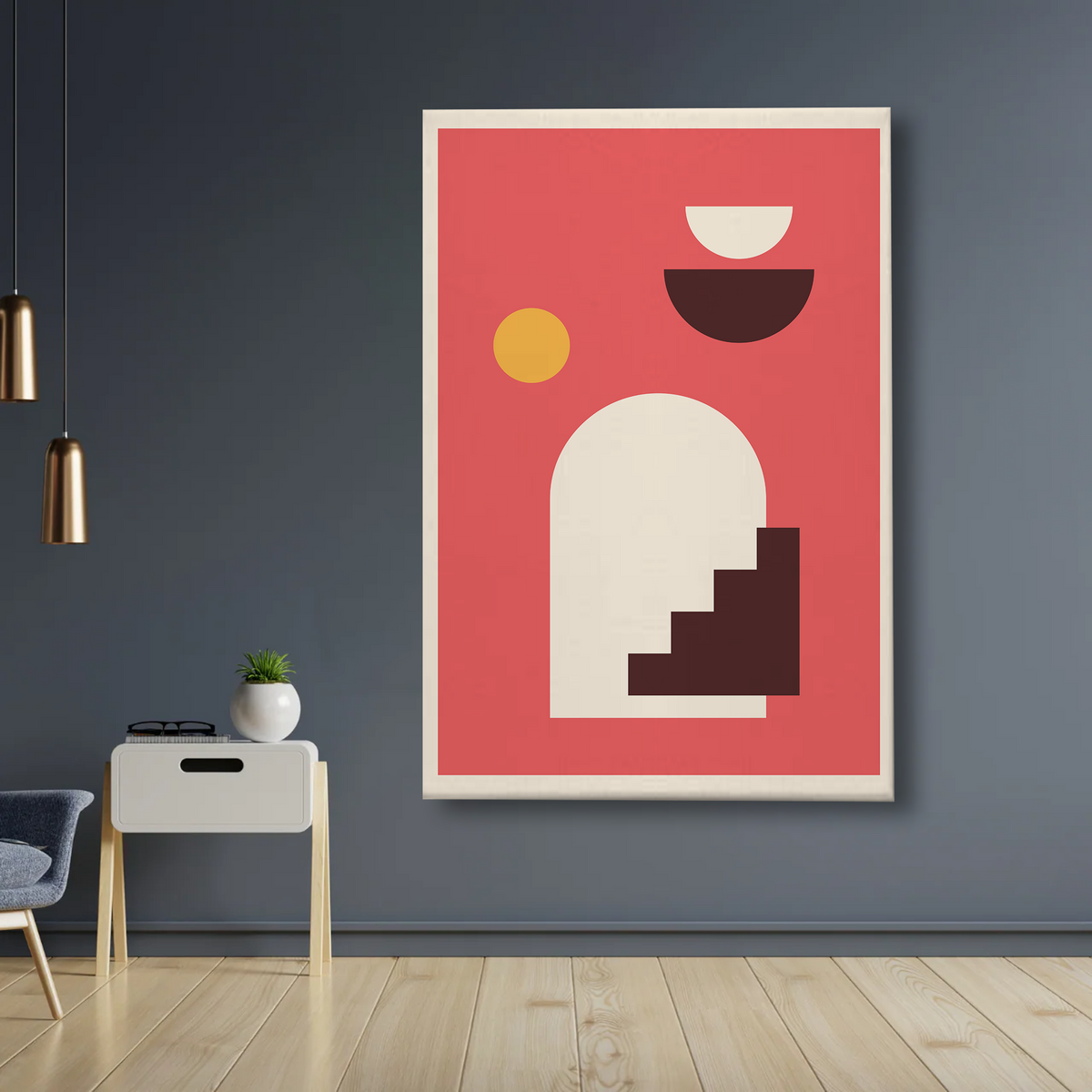 Boho Geometric Arch Canvas Wall Art – Minimalist Red Modern Wall Decor