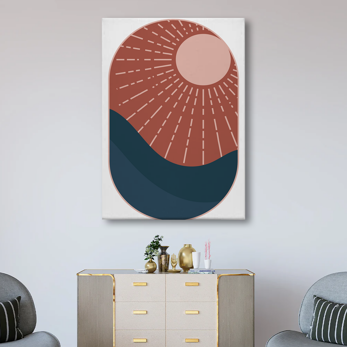 Sunburst Abstract Canvas Wall Art – Modern Minimalist Home Decor in Terracotta & Navy