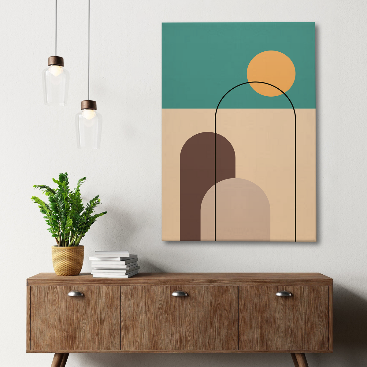 Abstract Geometric Desert Canvas Wall Art – Sun, Arches & Minimal Shapes
