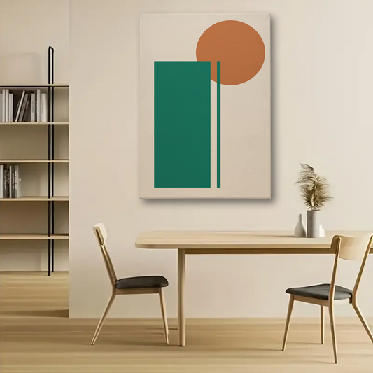 Minimalist Abstract Canvas Wall Art – Green Rectangle & Orange Circle Geometric Design