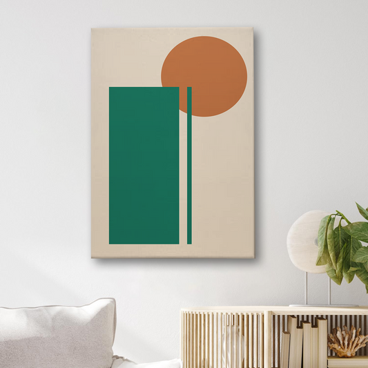 Minimalist Abstract Canvas Wall Art – Green Rectangle & Orange Circle Geometric Design