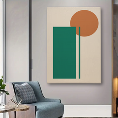 Minimalist Abstract Canvas Wall Art – Green Rectangle & Orange Circle Geometric Design