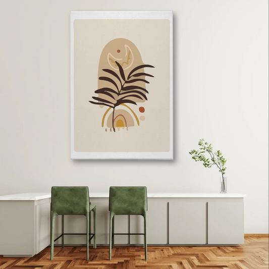 Boho Abstract Canvas Wall Art – Palm Leaf, Moon & Earthy Tones Minimalist Print