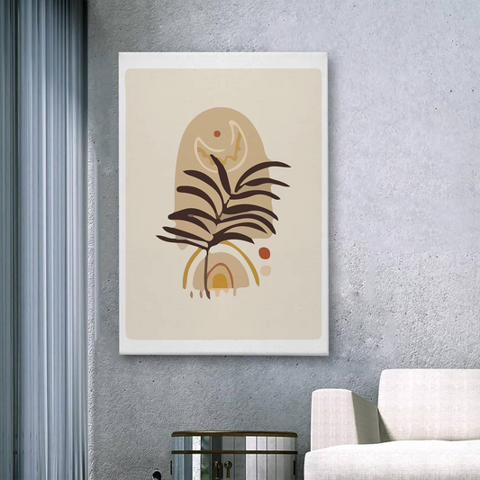 Boho Abstract Canvas Wall Art – Palm Leaf, Moon & Earthy Tones Minimalist Print