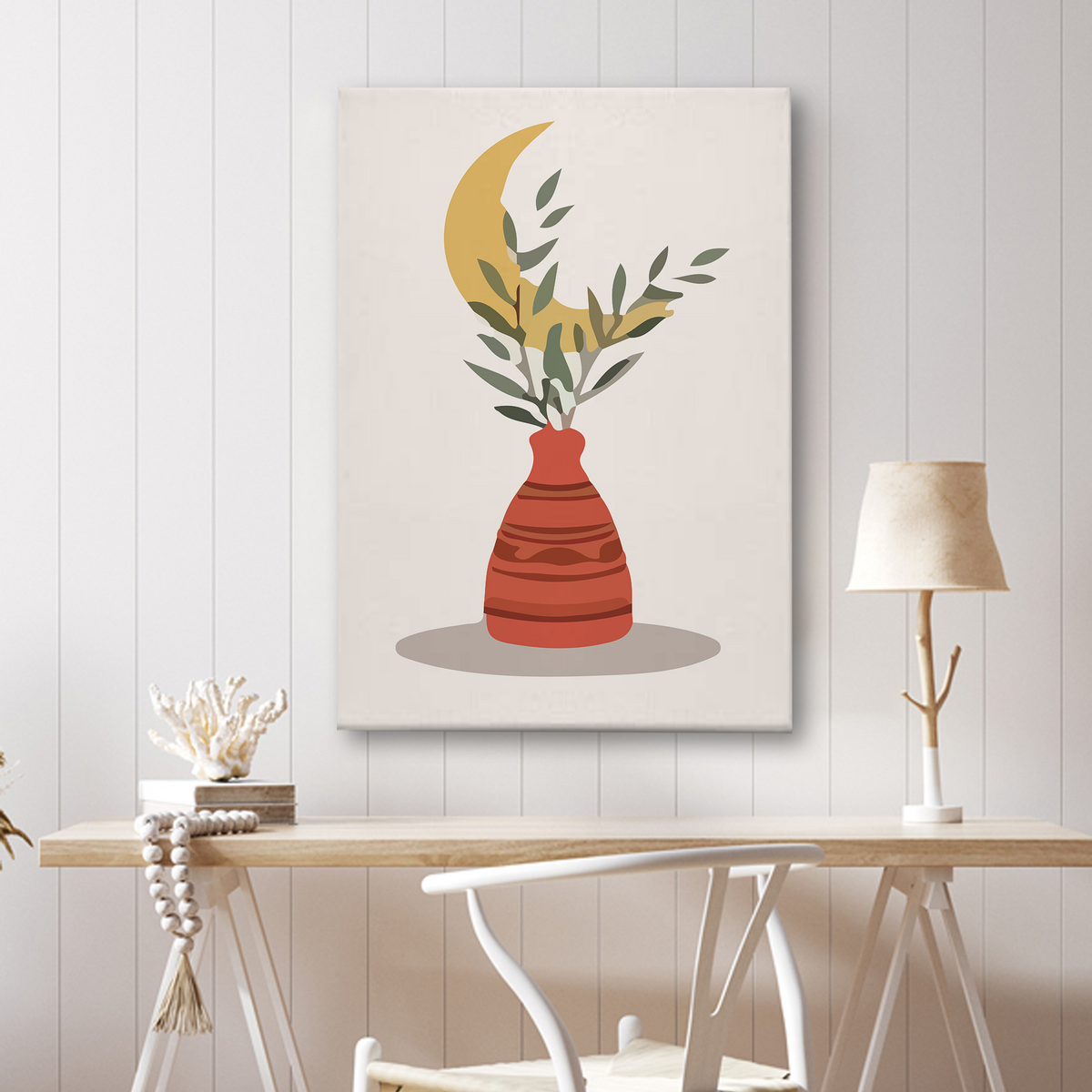 Boho Vase Canvas Wall Art – Minimalist Moon, Leaves & Terracotta Pot Print for Home Decor