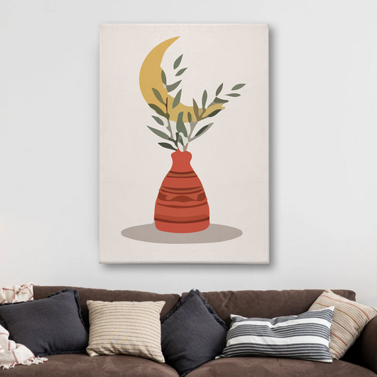 Boho Vase Canvas Wall Art – Minimalist Moon, Leaves & Terracotta Pot Print for Home Decor