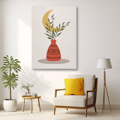 Boho Vase Canvas Wall Art – Minimalist Moon, Leaves & Terracotta Pot Print for Home Decor