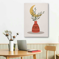 Boho Vase Canvas Wall Art – Minimalist Moon, Leaves & Terracotta Pot Print for Home Decor