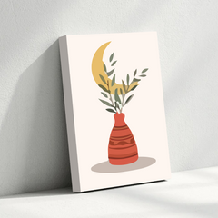 Boho Vase Canvas Wall Art – Minimalist Moon, Leaves & Terracotta Pot Print for Home Decor