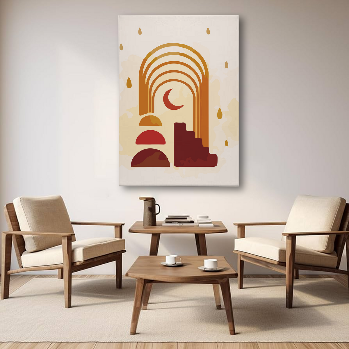 Boho Rainbow Canvas Wall Art – Minimalist Moon & Earthy Geometric Shapes for Modern Home Decor