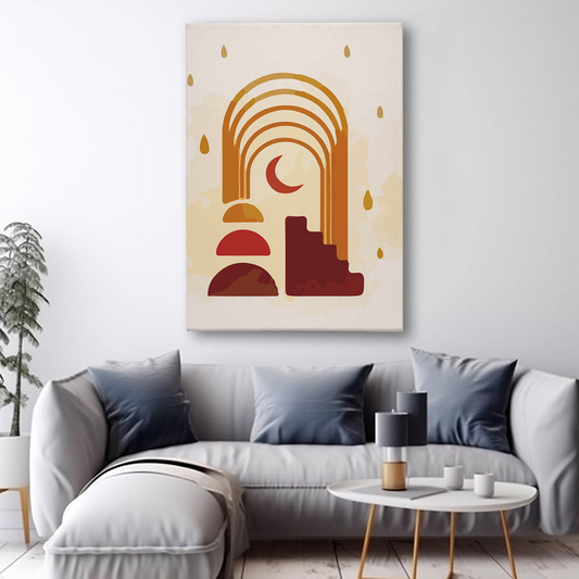 Boho Rainbow Canvas Wall Art – Minimalist Moon & Earthy Geometric Shapes for Modern Home Decor