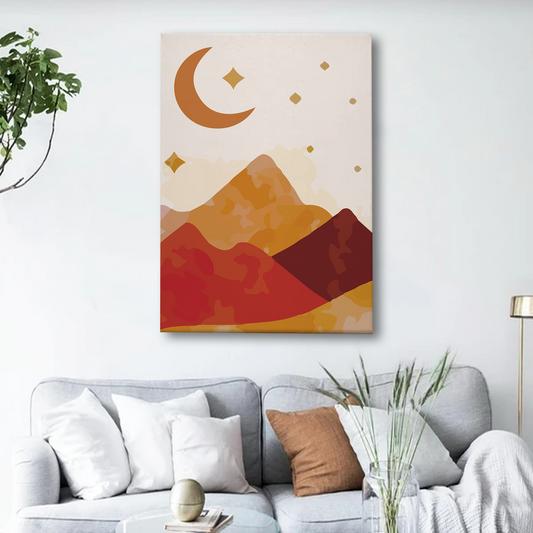 Boho Mountain Canvas Wall Art – Minimalist Moon & Starry Night Print for Home Decor