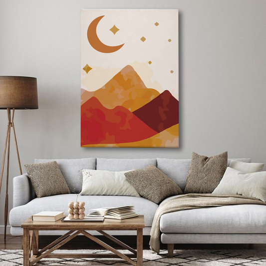 Boho Mountain Canvas Wall Art – Minimalist Moon & Starry Night Print for Home Decor