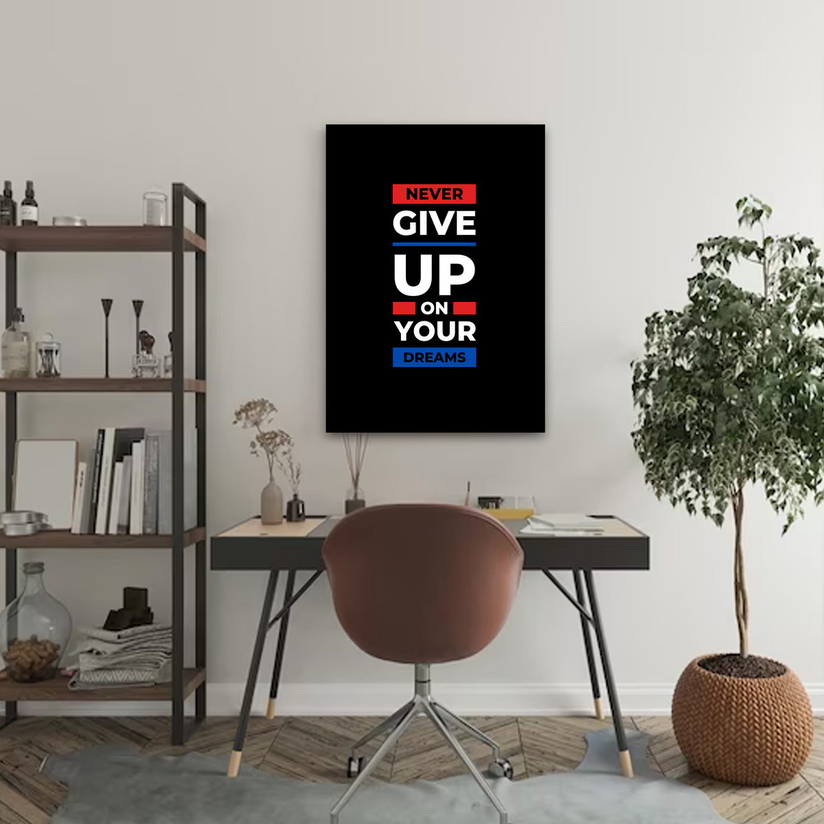 Never Give Up On Your Dreams Motivational Canvas Wall Art – Modern Inspirational Home & Office Decor, zoom in to see the canvas