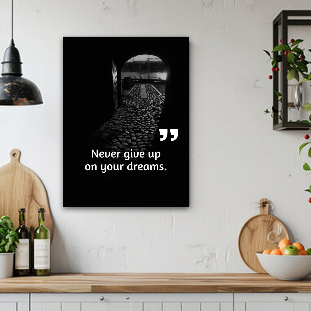 Never Give Up on Your Dreams Canvas Wall Art – Motivational Quote Print for Home & Office Decor, zoom in to see the canvas