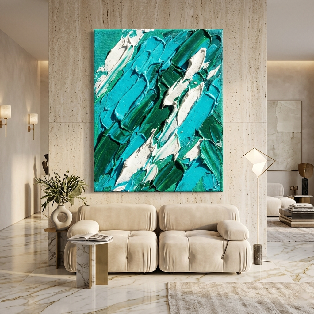 Emerald Tide — Textured Teal & Green Palette Knife Abstract Canvas Wall Print