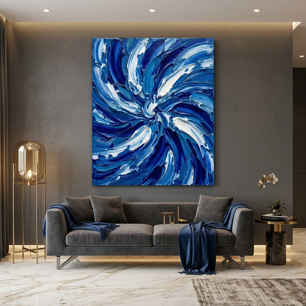 Sapphire Whirl — Textured Blue & White Swirl Palette Knife Abstract Canvas Wall Print