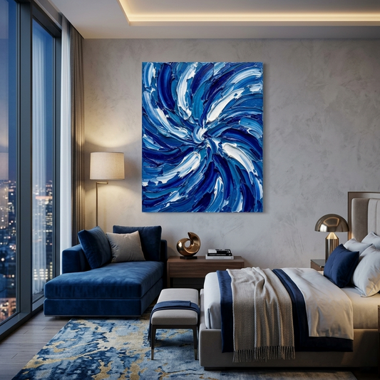 Sapphire Whirl — Textured Blue & White Swirl Palette Knife Abstract Canvas Wall Print
