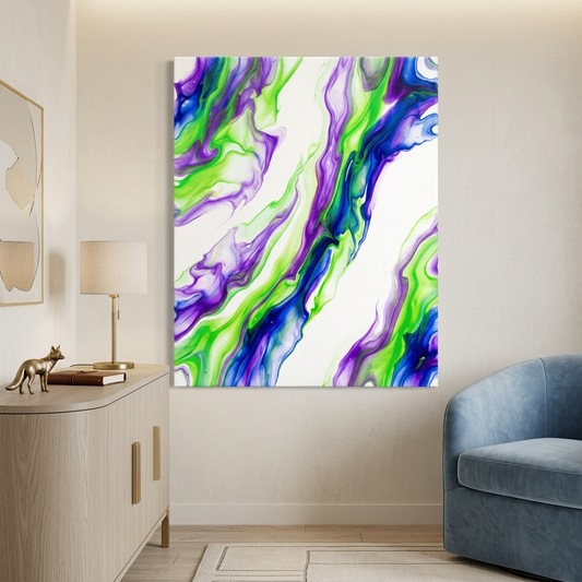 Aurora Flow — Vibrant Purple, Blue & Green Fluid Art Abstract Canvas Wall Print