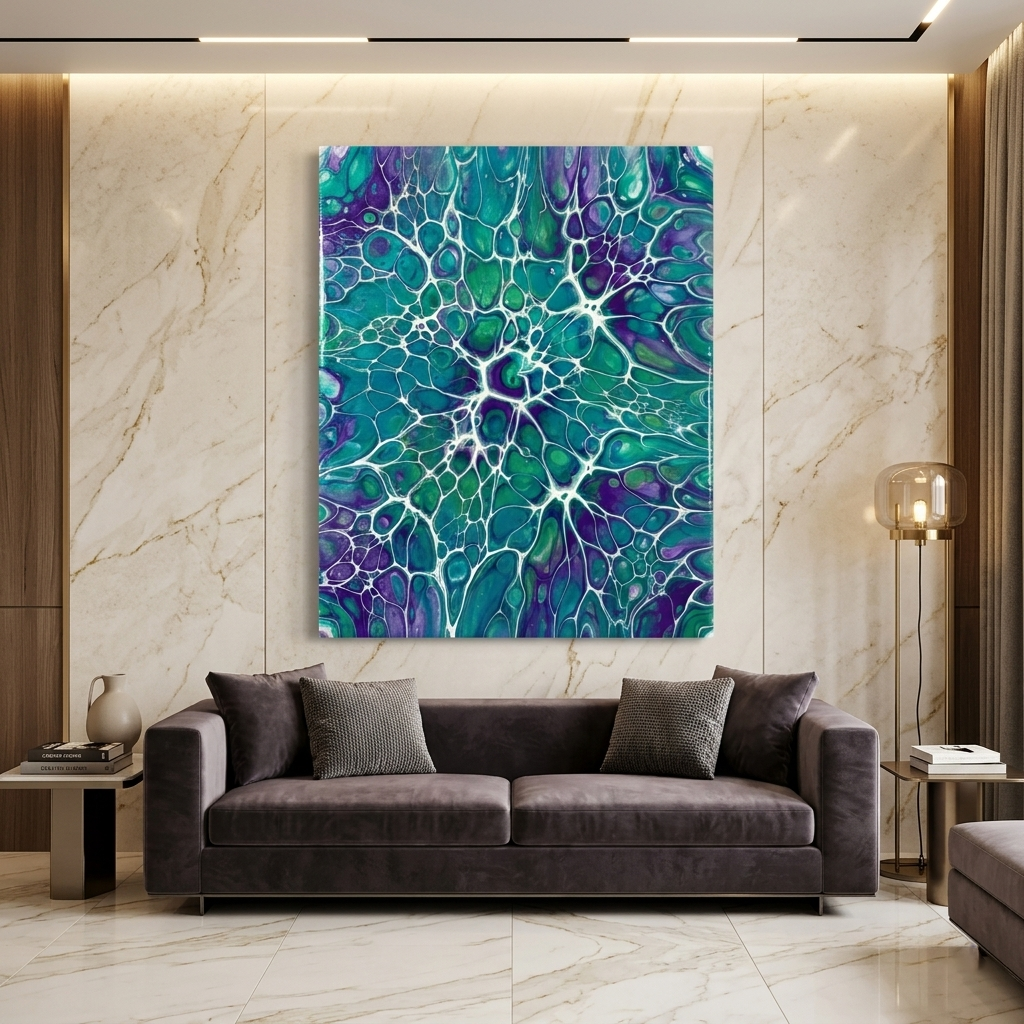 Peacock Web — Vibrant Teal & Purple Cellular Fluid Art Abstract Canvas Wall Print