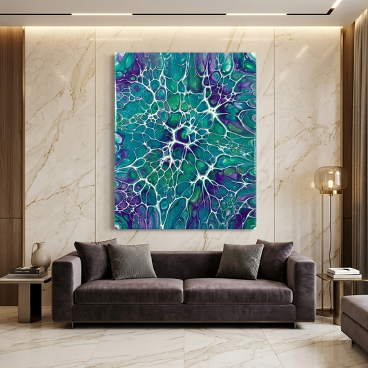 Peacock Web — Vibrant Teal & Purple Cellular Fluid Art Abstract Canvas Wall Print