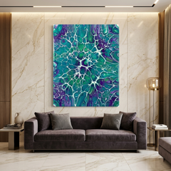 Peacock Web — Vibrant Teal & Purple Cellular Fluid Art Abstract Canvas Wall Print