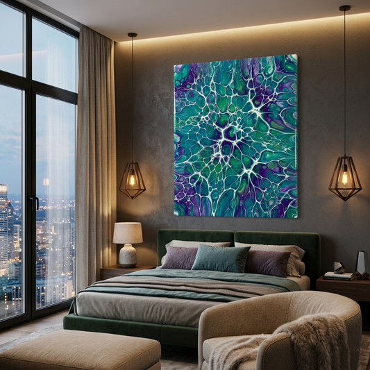 Peacock Web — Vibrant Teal & Purple Cellular Fluid Art Abstract Canvas Wall Print