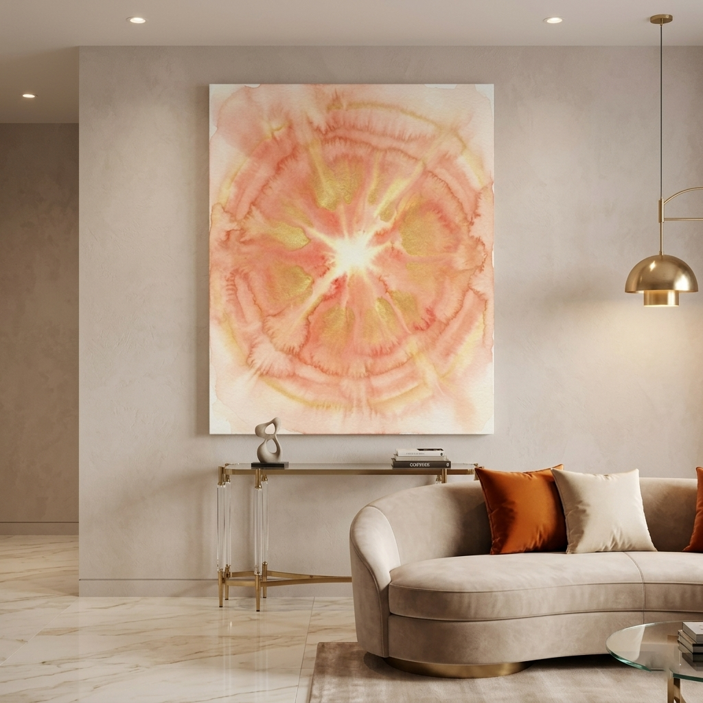 Sunlit Bloom — Soft Peach & Gold Watercolor Mandala Abstract Canvas Wall Print