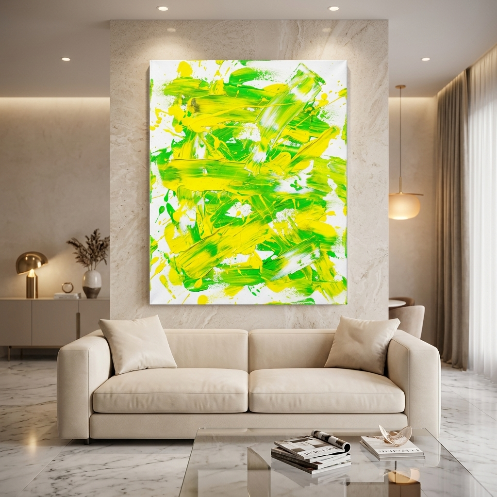 Citrus Burst — Vibrant Lime Green & Yellow Brushstroke Abstract Canvas Wall Print