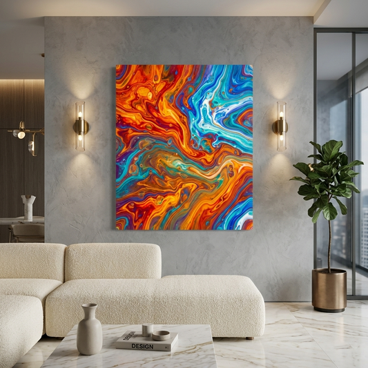 Cosmic Drift — Vibrant Orange & Turquoise Marble Fluid Art Abstract Canvas Wall Print