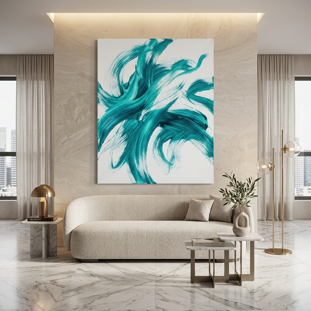Teal Whirlwind — Bold Turquoise Minimalist Brushstroke Abstract Canvas Wall Print