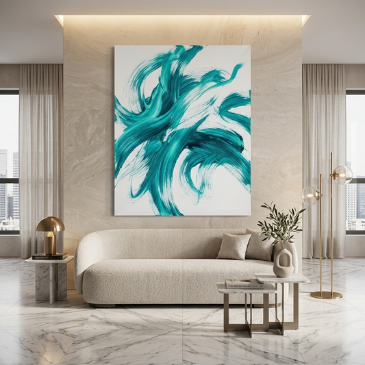 Teal Whirlwind — Bold Turquoise Minimalist Brushstroke Abstract Canvas Wall Print