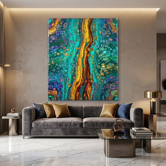 Peacock River — Vibrant Teal, Gold & Purple Cellular Fluid Art Abstract Canvas Wall Print