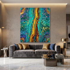Peacock River — Vibrant Teal, Gold & Purple Cellular Fluid Art Abstract Canvas Wall Print