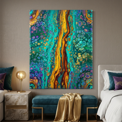 Peacock River — Vibrant Teal, Gold & Purple Cellular Fluid Art Abstract Canvas Wall Print