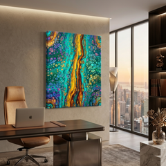 Peacock River — Vibrant Teal, Gold & Purple Cellular Fluid Art Abstract Canvas Wall Print