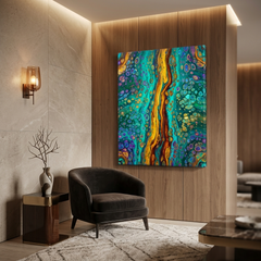 Peacock River — Vibrant Teal, Gold & Purple Cellular Fluid Art Abstract Canvas Wall Print