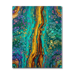 Peacock River — Vibrant Teal, Gold & Purple Cellular Fluid Art Abstract Canvas Wall Print
