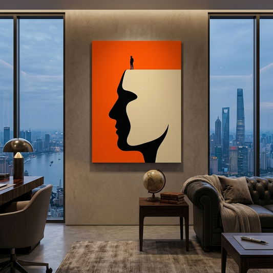 Above the Mind — Conceptual Optical Illusion Canvas Wall Art Print | Motivational Office Decor | Bold Orange Black Modern Art