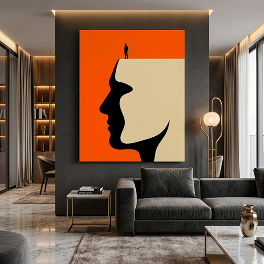 Above the Mind — Conceptual Optical Illusion Canvas Wall Art Print | Motivational Office Decor | Bold Orange Black Modern Art