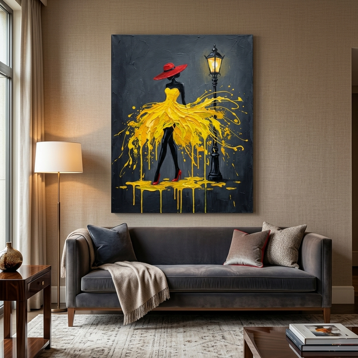 Yellow Paint Drip Dress — Elegant Woman Canvas Wall Art Print