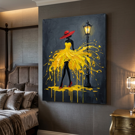 Yellow Paint Drip Dress — Elegant Woman Canvas Wall Art Print