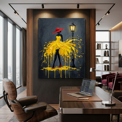 Yellow Paint Drip Dress — Elegant Woman Canvas Wall Art Print