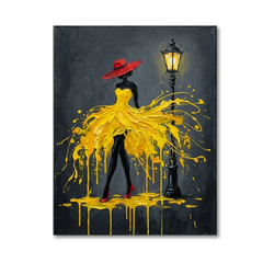 Yellow Paint Drip Dress — Elegant Woman Canvas Wall Art Print