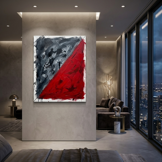 Between Two Worlds — Red Grey Abstract Palette Knife Canvas Wall Art Prints