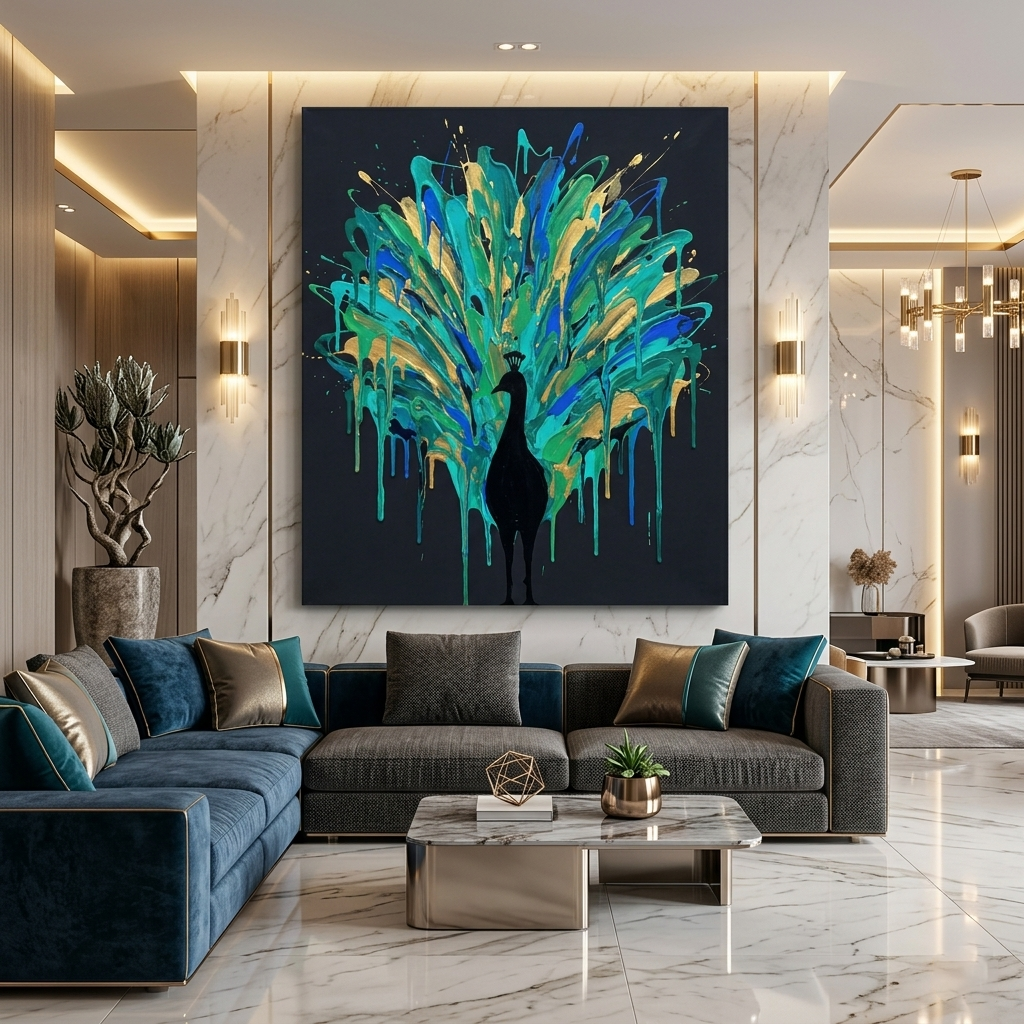 Peacock in Full Glory — Teal Gold Paint Drip Canvas Wall Art Prints